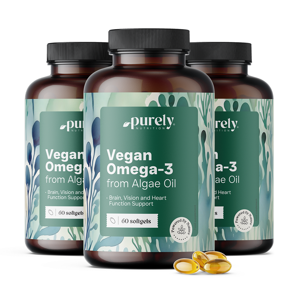 3x Oméga-3 végétalien 1000 mg - à base d'algues, ensemble 180 gélules molles